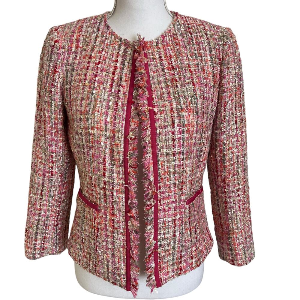 Tahari Arthur S. Levine Jacket Women's Size 2 Pink Multi Boucle Ribbon Fringed